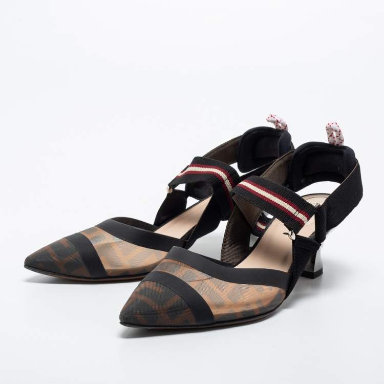 Pre Owned Fendi Brown/Black Zucca Mesh and Fabric Colibri Slingback Pumps Size 35.5