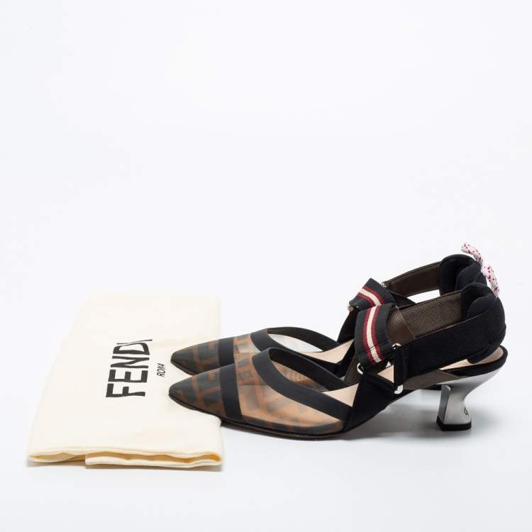 Pre Owned Fendi Brown/Black Zucca Mesh and Fabric Colibri Slingback Pumps Size 35.5