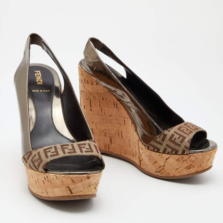 Pre Owned Fendi Brown/Grey Zucca Canvas And Patent Leather Cork Platform Wedge Slingback Sandals Size 36