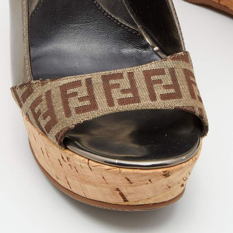 Pre Owned Fendi Brown/Grey Zucca Canvas And Patent Leather Cork Platform Wedge Slingback Sandals Size 36
