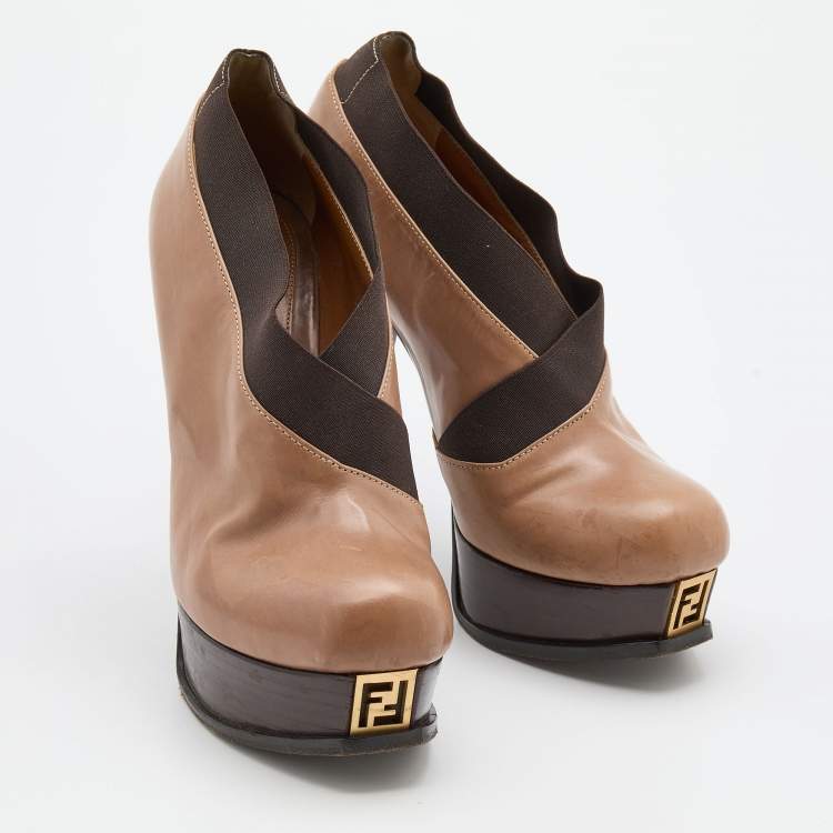 Pre Owned Fendi Brown Leather and Elastic Fendista Criss Cross Platform Booties Size 39