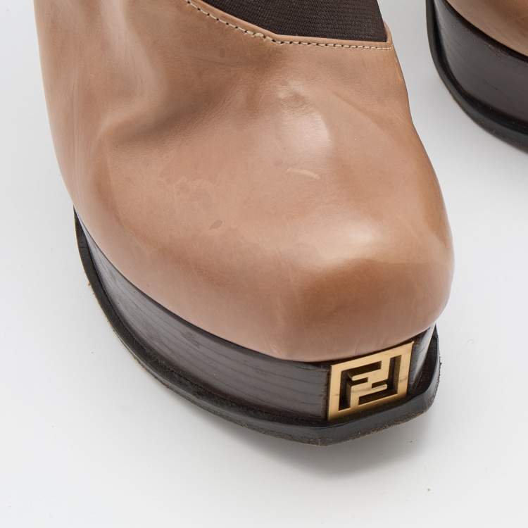Pre Owned Fendi Brown Leather and Elastic Fendista Criss Cross Platform Booties Size 39