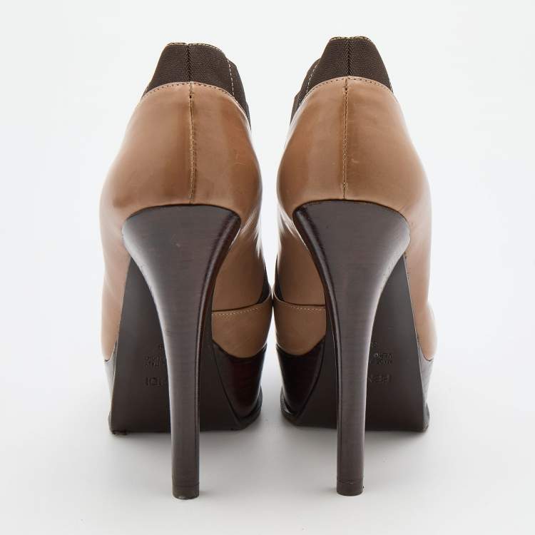 Pre Owned Fendi Brown Leather and Elastic Fendista Criss Cross Platform Booties Size 39