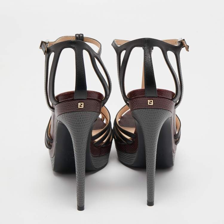 Pre Owned Fendi Tricolor Leather Peep Toe Platform Strappy Sandals Size 38