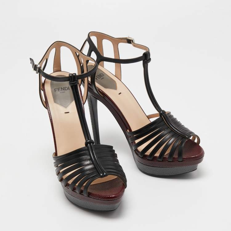 Pre Owned Fendi Tricolor Leather Peep Toe Platform Strappy Sandals Size 38