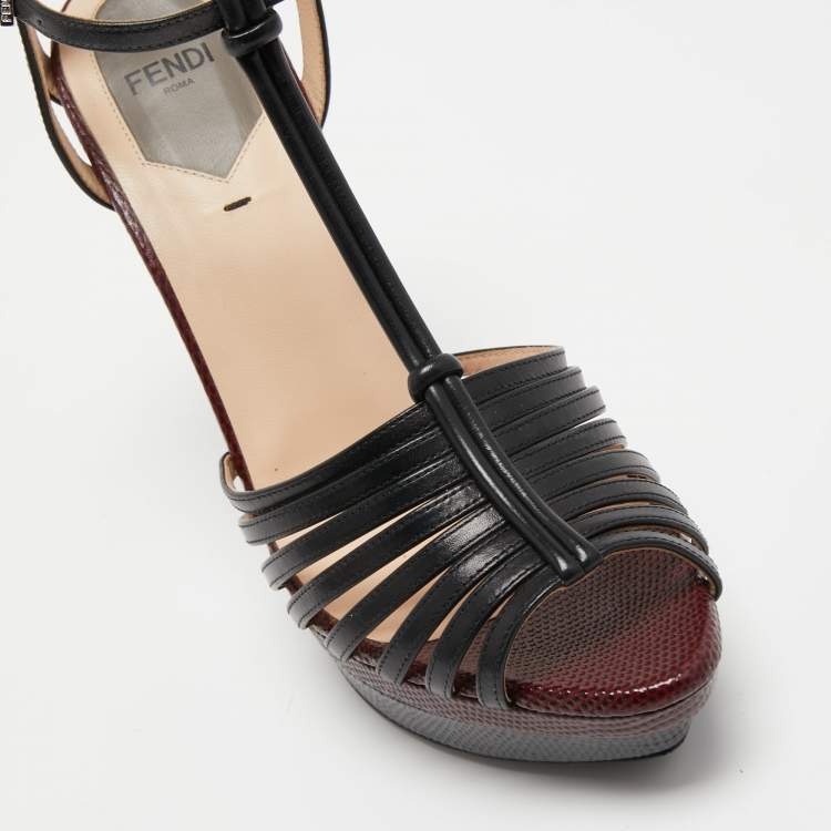 Pre Owned Fendi Tricolor Leather Peep Toe Platform Strappy Sandals Size 38