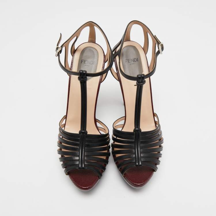 Pre Owned Fendi Tricolor Leather Peep Toe Platform Strappy Sandals Size 38