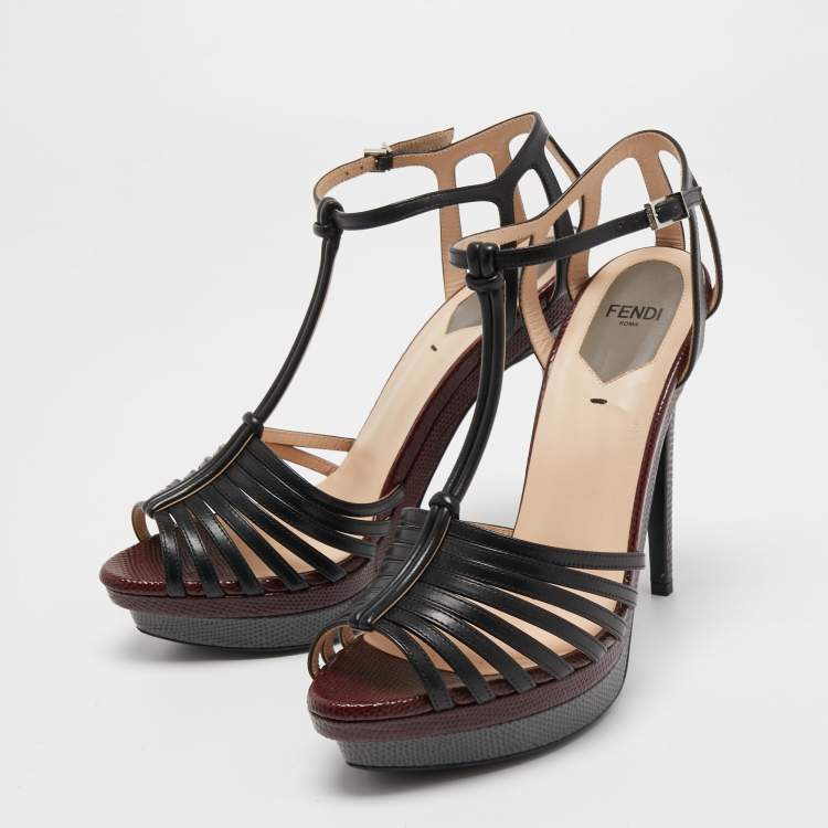 Pre Owned Fendi Tricolor Leather Peep Toe Platform Strappy Sandals Size 38
