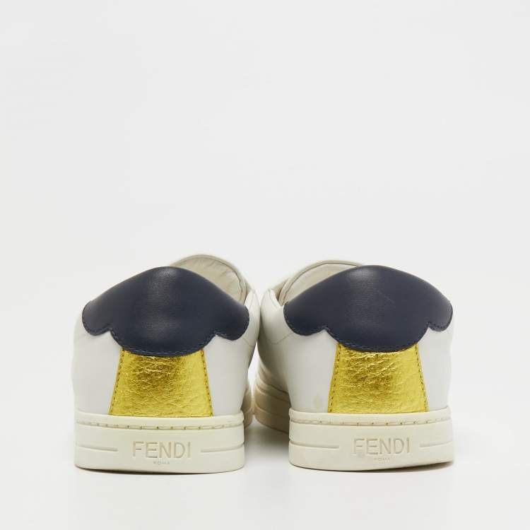 Pre Owned Fendi White Leather Knitted Logo Rockoclick Low Top Sneakers Size 36