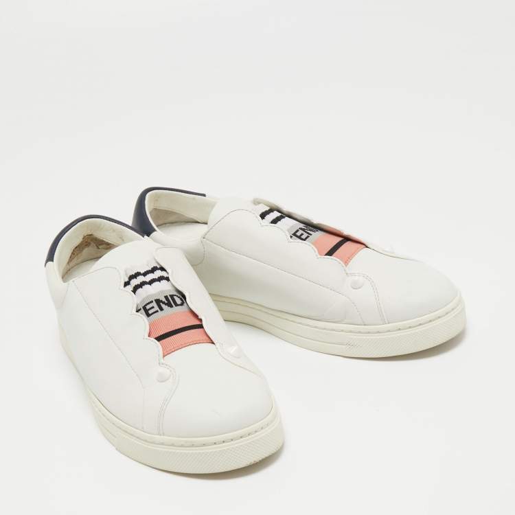 Pre Owned Fendi White Leather Knitted Logo Rockoclick Low Top Sneakers Size 36