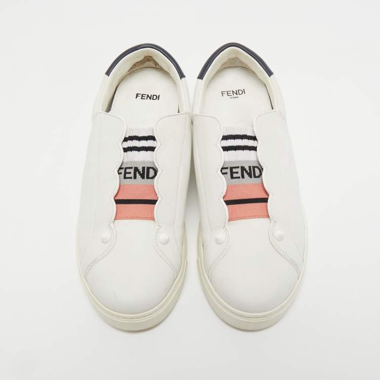 Pre Owned Fendi White Leather Knitted Logo Rockoclick Low Top Sneakers Size 36