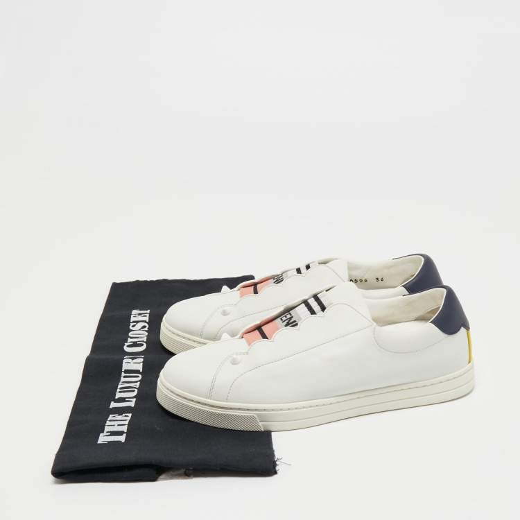 Pre Owned Fendi White Leather Knitted Logo Rockoclick Low Top Sneakers Size 36