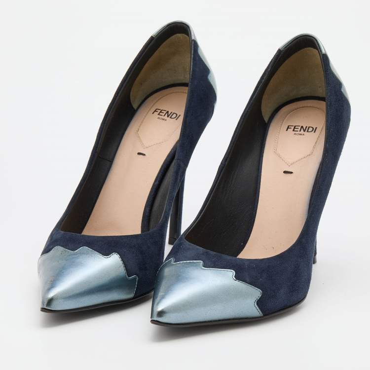 Pre Owned Fendi Navy Blue Suede and Leather Pointed Toe Pumps Size 38.5