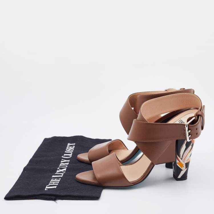 Pre Owned Fendi Brown Leather Open Toe Ankle Strap Sandals Size 40