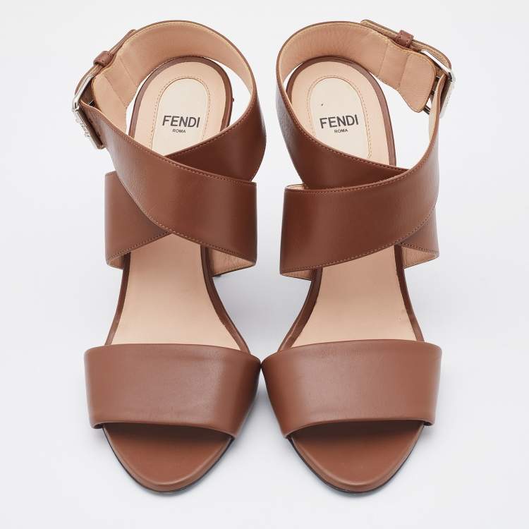 Pre Owned Fendi Brown Leather Open Toe Ankle Strap Sandals Size 40
