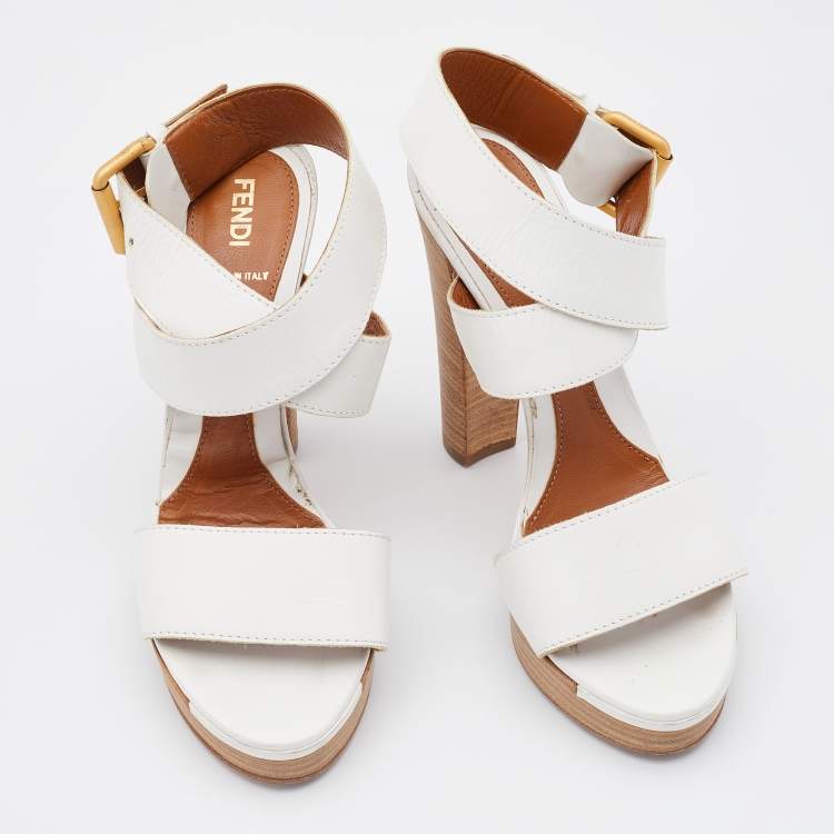 Pre Owned Fendi White Leather Criss Cross Ankle Strap Platform Sandals Size 38.5