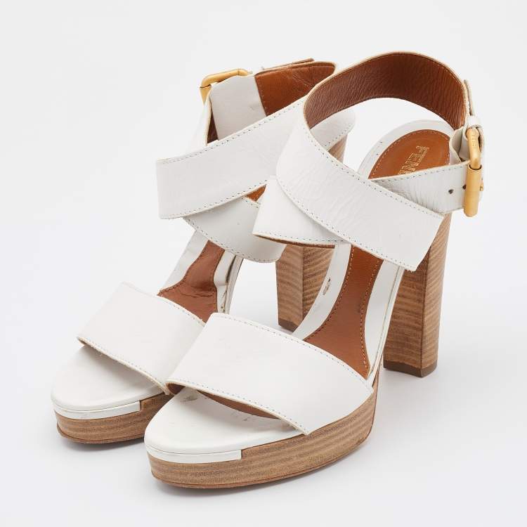 Pre Owned Fendi White Leather Criss Cross Ankle Strap Platform Sandals Size 38.5