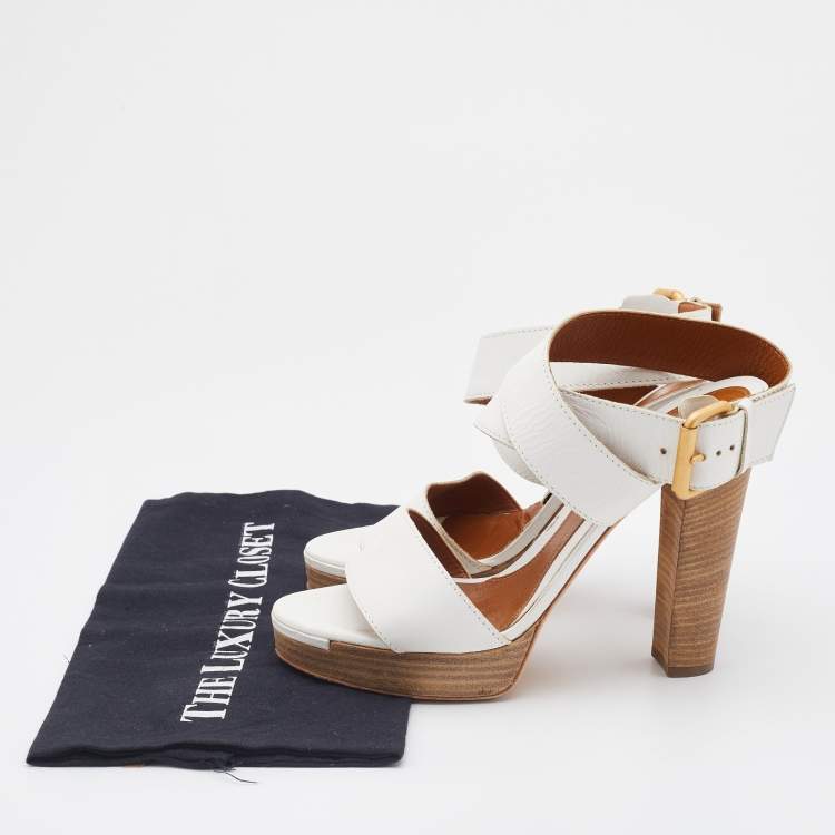 Pre Owned Fendi White Leather Criss Cross Ankle Strap Platform Sandals Size 38.5