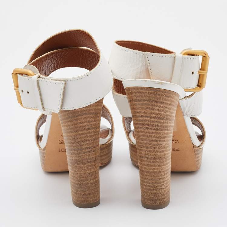Pre Owned Fendi White Leather Criss Cross Ankle Strap Platform Sandals Size 38.5