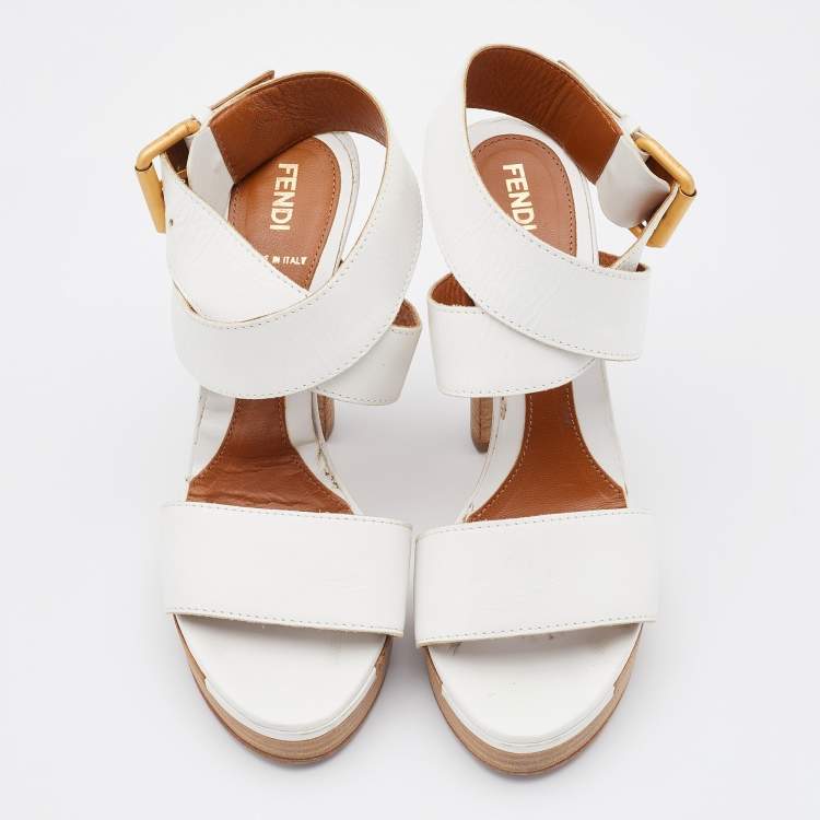 Pre Owned Fendi White Leather Criss Cross Ankle Strap Platform Sandals Size 38.5