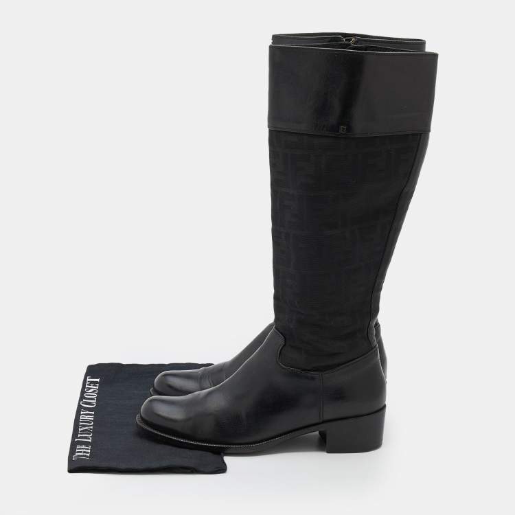 Pre Owned Fendi Black Zucchino Canvas and Leather Knee Length Boots Size 40.5