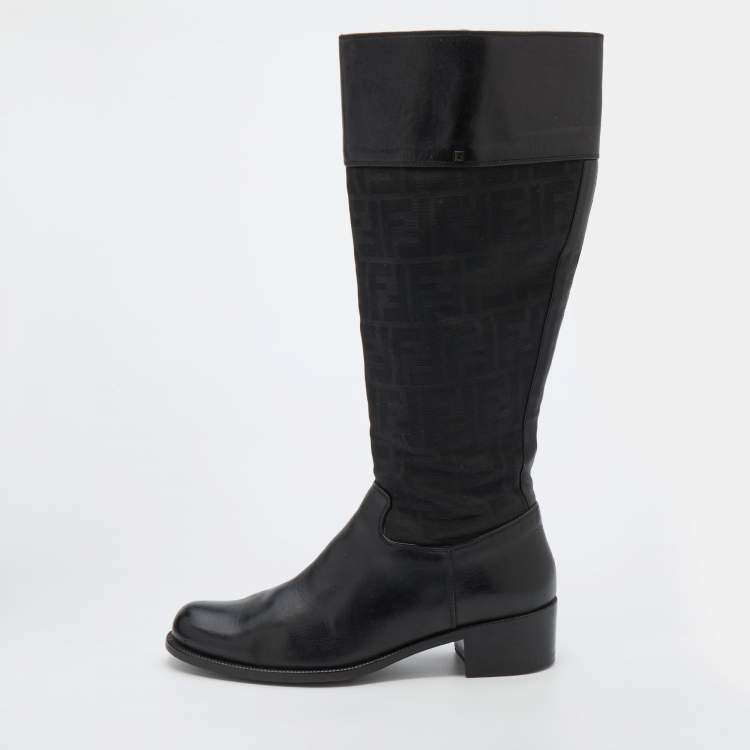 Pre Owned Fendi Black Zucchino Canvas and Leather Knee Length Boots Size 40.5