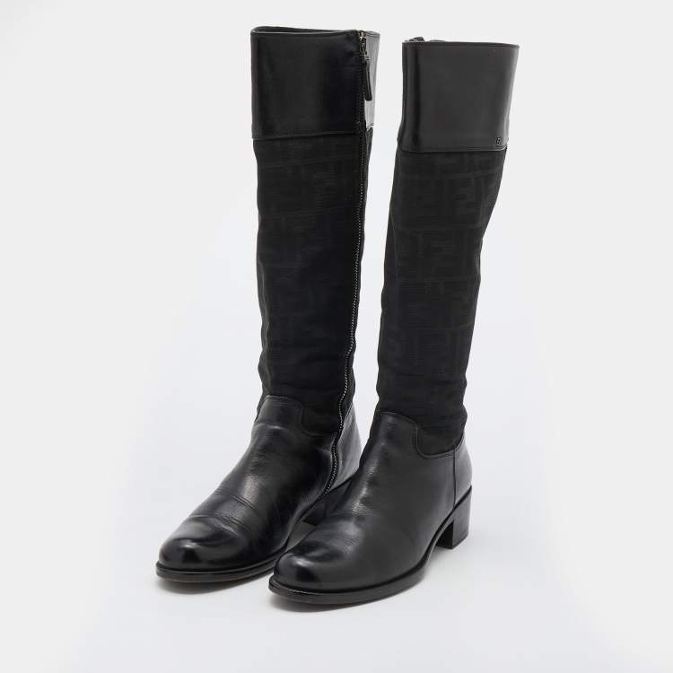 Pre Owned Fendi Black Zucchino Canvas and Leather Knee Length Boots Size 40.5