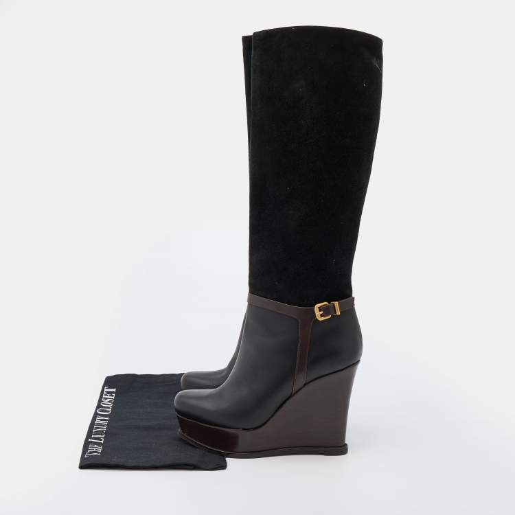 Pre Owned Fendi Black/Brown Suede and Leather Wedge Platform Knee Length Boots Size 38