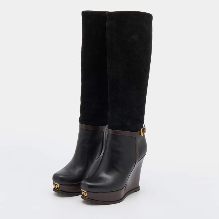 Pre Owned Fendi Black/Brown Suede and Leather Wedge Platform Knee Length Boots Size 38