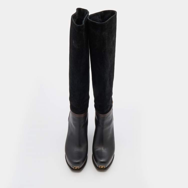 Pre Owned Fendi Black/Brown Suede and Leather Wedge Platform Knee Length Boots Size 38