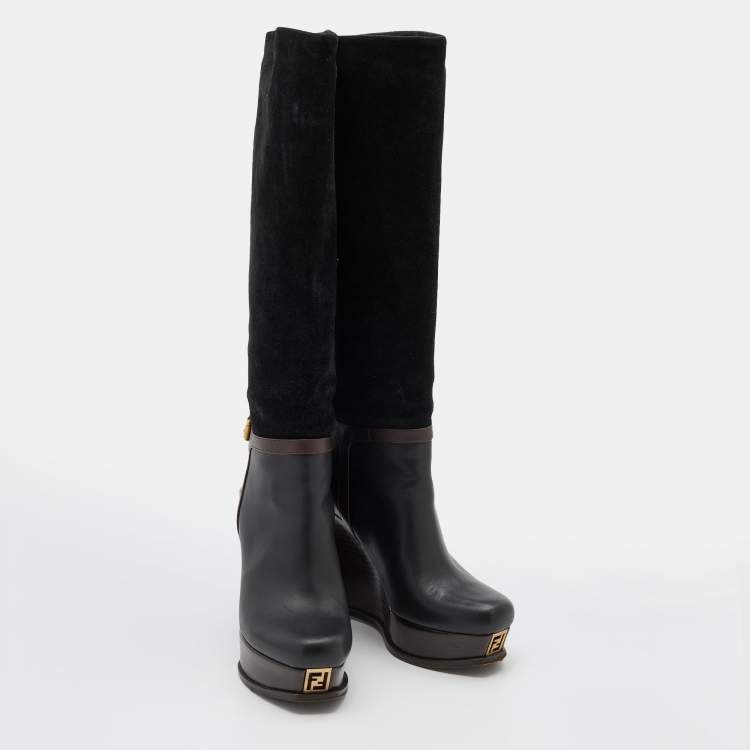 Pre Owned Fendi Black/Brown Suede and Leather Wedge Platform Knee Length Boots Size 38