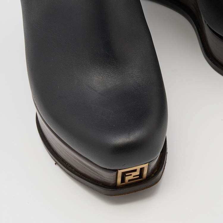 Pre Owned Fendi Black/Brown Suede and Leather Wedge Platform Knee Length Boots Size 38