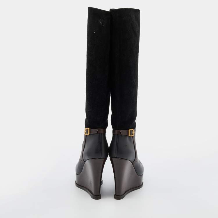 Pre Owned Fendi Black/Brown Suede and Leather Wedge Platform Knee Length Boots Size 38