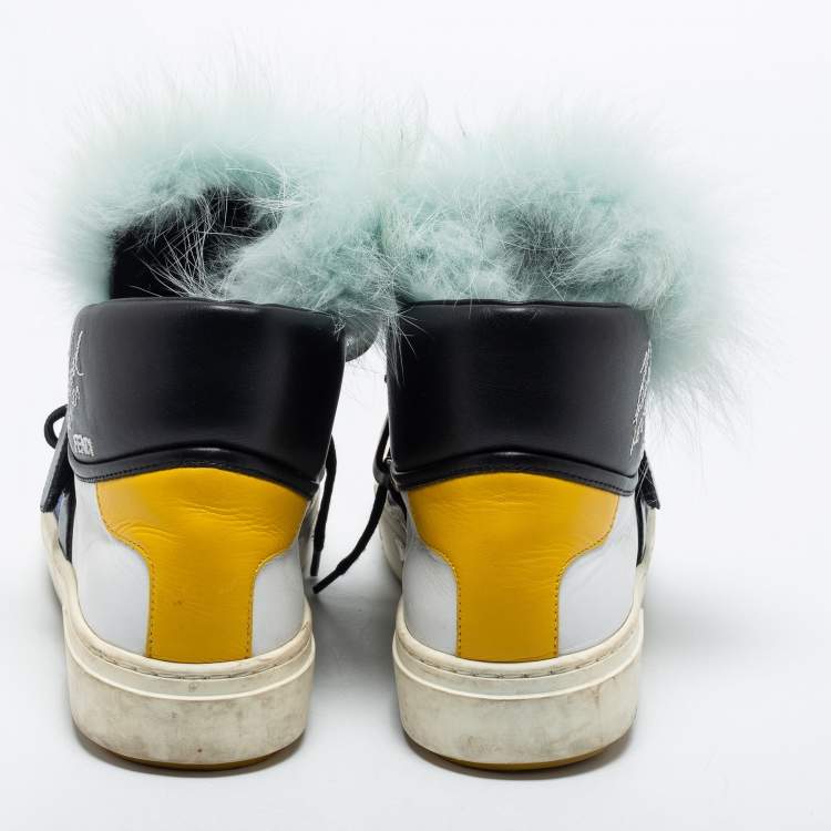 Pre Owned Fendi Multicolor Leather And Fox Fur Karlito High Top Sneakers  Size 38