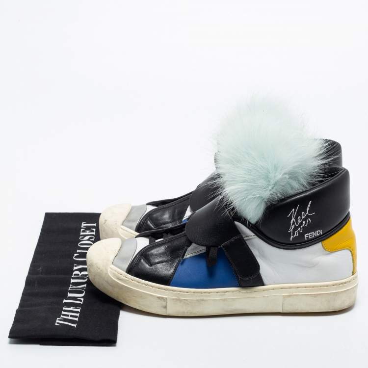 Pre Owned Fendi Multicolor Leather And Fox Fur Karlito High Top Sneakers  Size 38