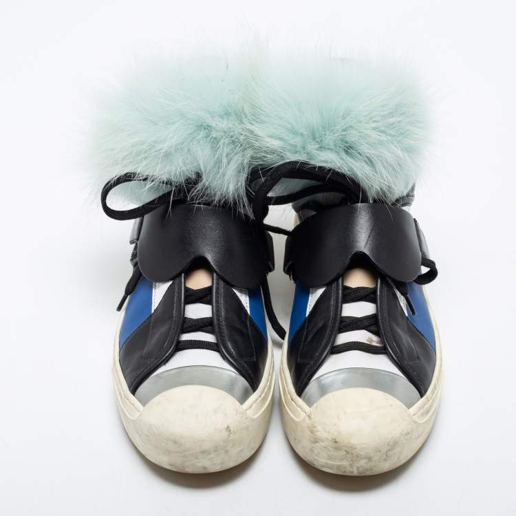 Pre Owned Fendi Multicolor Leather And Fox Fur Karlito High Top Sneakers  Size 38