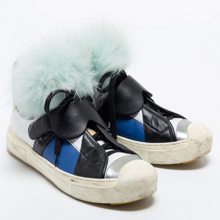 Pre Owned Fendi Multicolor Leather And Fox Fur Karlito High Top Sneakers  Size 38