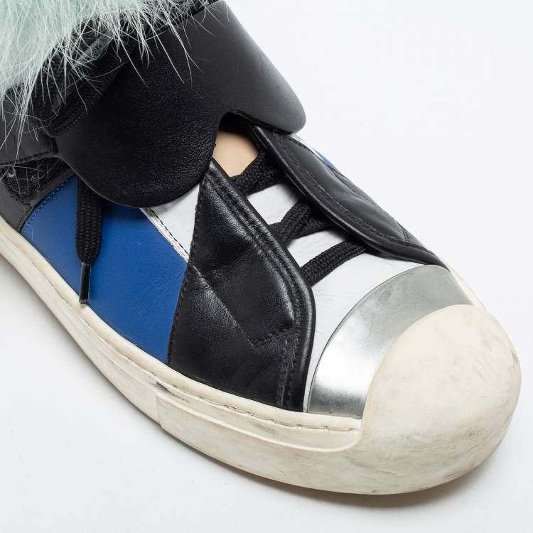 Pre Owned Fendi Multicolor Leather And Fox Fur Karlito High Top Sneakers  Size 38