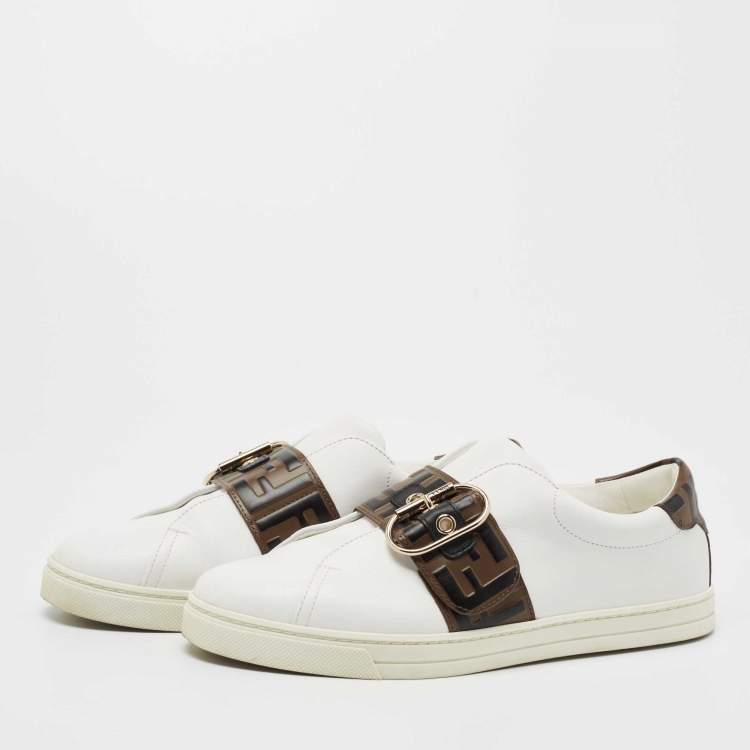 Pre Owned Fendi White and Brown FF Logo Sneakers Size 39