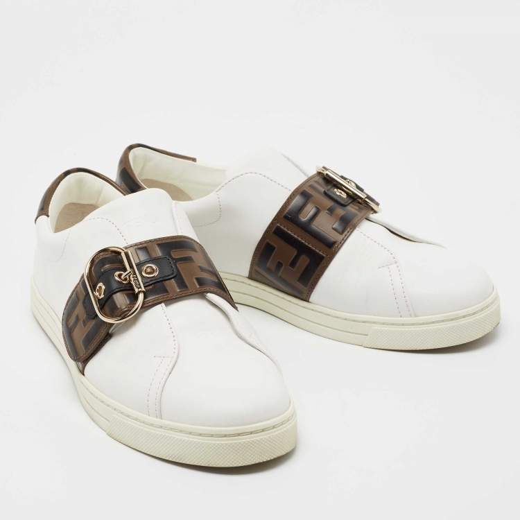 Pre Owned Fendi White and Brown FF Logo Sneakers Size 39