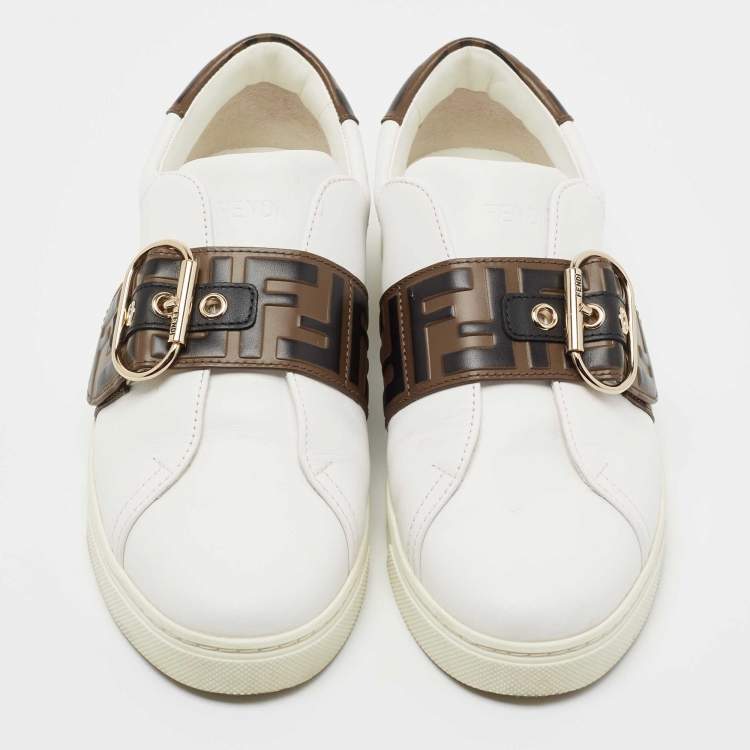 Pre Owned Fendi White and Brown FF Logo Sneakers Size 39