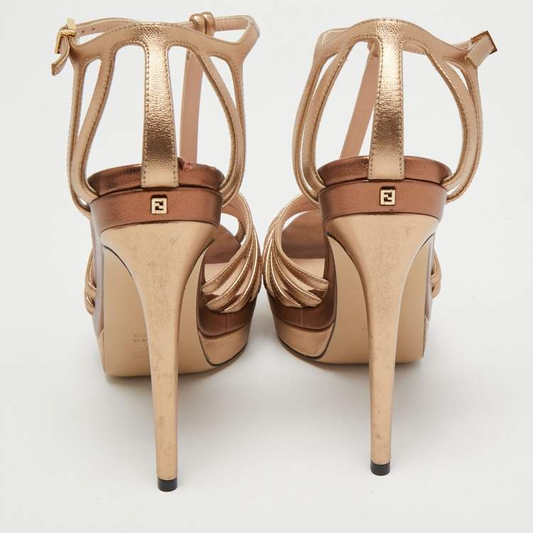 Pre Owned Fendi Metallic Gold Leather T Strap Platform Sandals Size 37