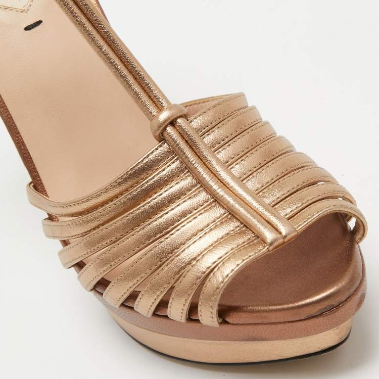 Pre Owned Fendi Metallic Gold Leather T Strap Platform Sandals Size 37