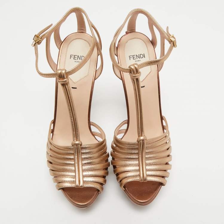 Pre Owned Fendi Metallic Gold Leather T Strap Platform Sandals Size 37