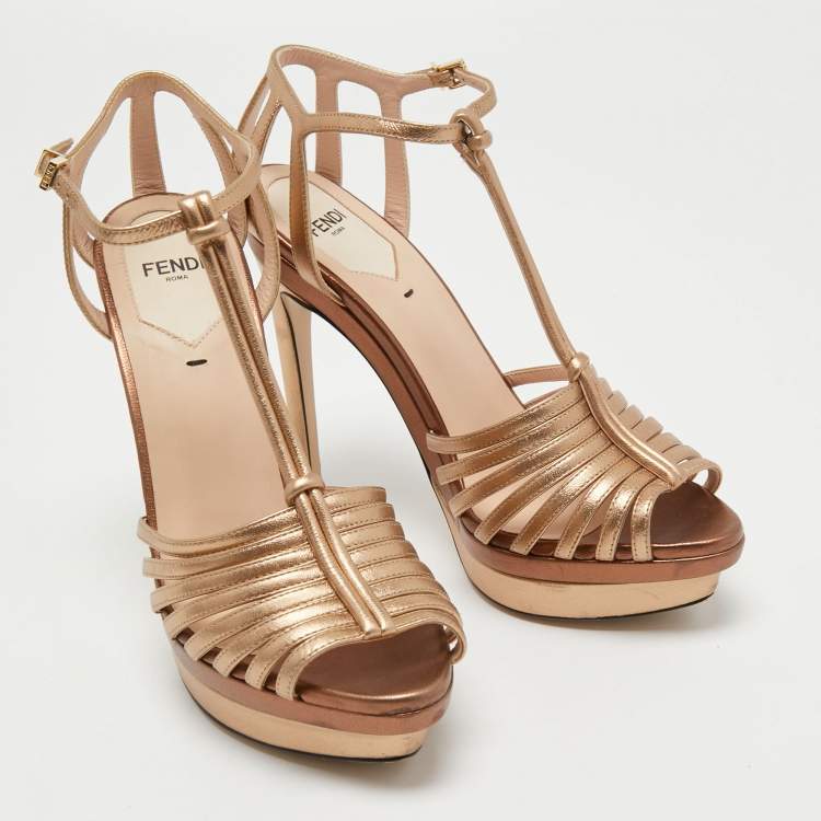 Pre Owned Fendi Metallic Gold Leather T Strap Platform Sandals Size 37