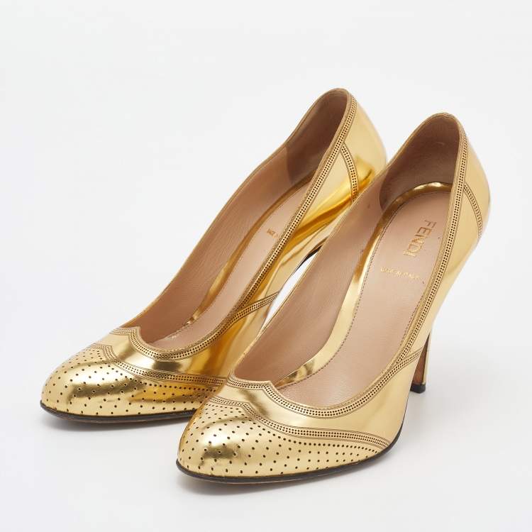 Pre Owned Fendi Metallic Gold Leather Perforated Brogue Detail Pumps Size 37