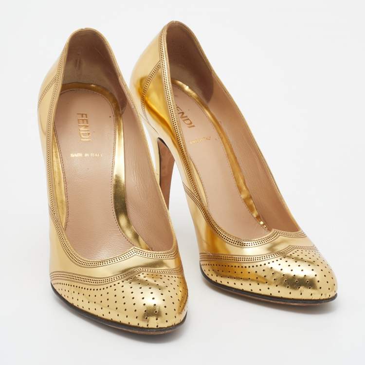 Pre Owned Fendi Metallic Gold Leather Perforated Brogue Detail Pumps Size 37