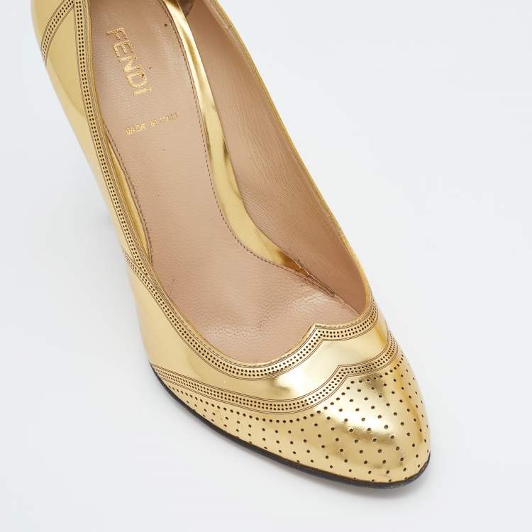 Pre Owned Fendi Metallic Gold Leather Perforated Brogue Detail Pumps Size 37