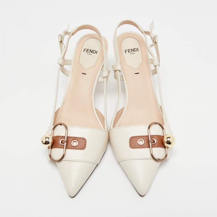 Pre Owned Fendi Cream Leather Buckle Strap Slingback Pumps Size 37