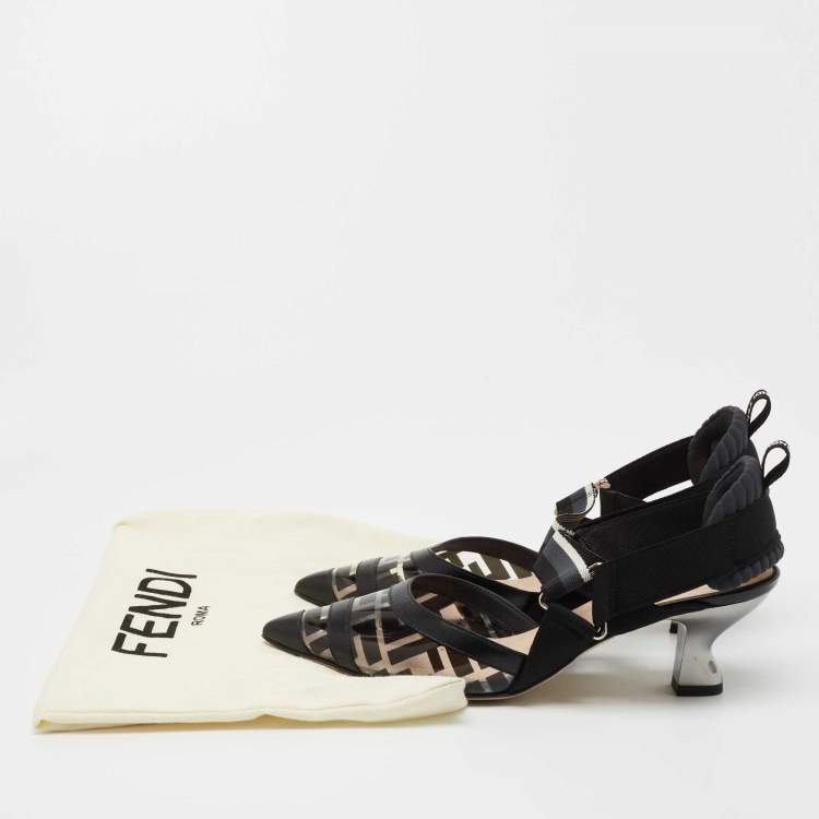 Pre Owned Fendi Black Leather and Zucca PVC Colibri Slingback Pumps Size 37